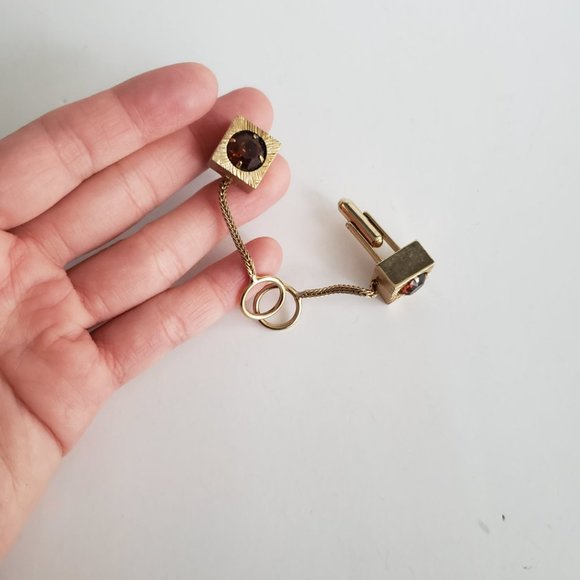 VTG Square Large Jewel Gold Toned Cuff Links - Picture 2 of 8